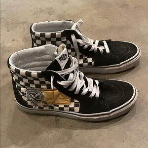 Vans Black and White Checkered High-Tops with Rose Accent